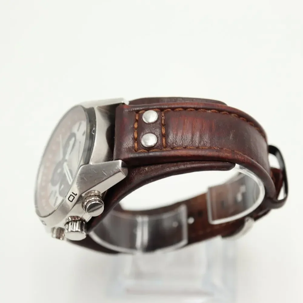 Fossil Coachman Mens Brown 45mm Watch Date Wood Grain Leather Cuff w New Battery